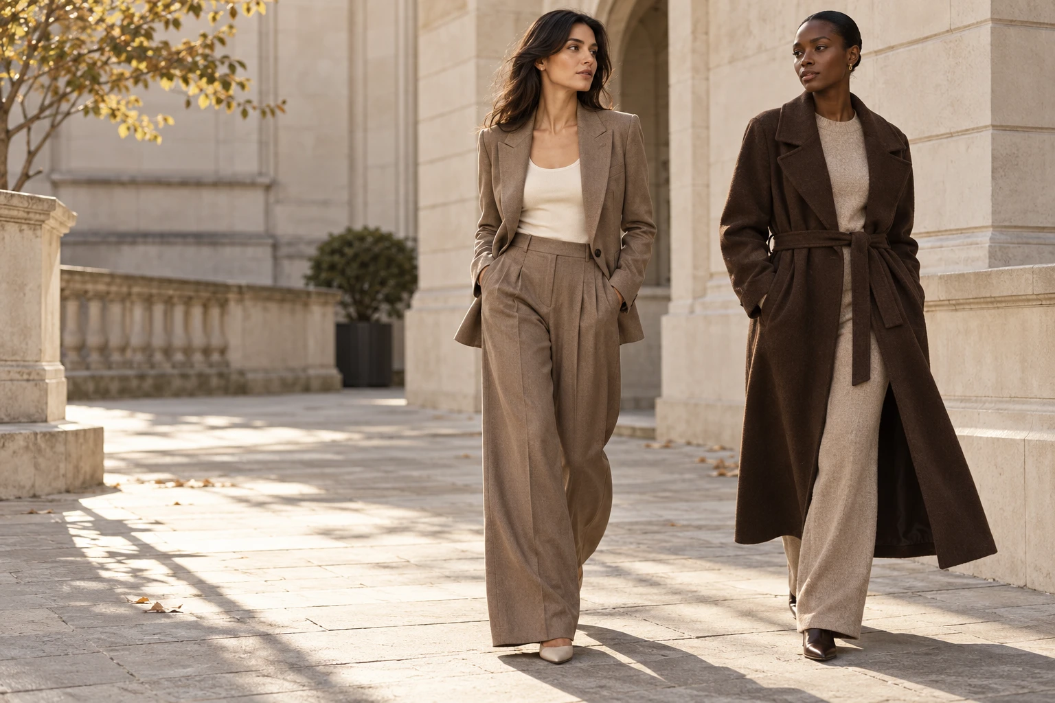 Two women in softly structured taupe tailoring and a chocolate coat in a sunlit stone courtyard
